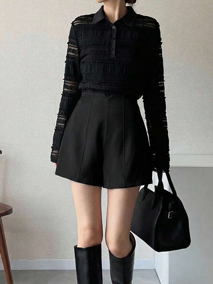 FRIFUL 女款純色休閒百搭寬鬆短褲 夏季 - 黑色 - 查看 1