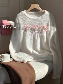 Comfortcana Women's Bow Decor Round Neck Long Sleeve Fleece T-Shirt, Autumn/Winter - White - View 3