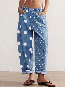 Bohemela Women's Blue Polka Dot Elastic Waist Pocket Long Pants Daily Autumn Casual - Medium Wash - View 1