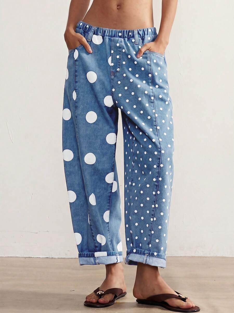 Bohemela Women's Blue Polka Dot Elastic Waist Pocket Long Pants Daily Autumn Casual - Medium Wash - View 1