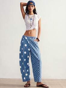 Bohemela Women's Blue Polka Dot Elastic Waist Pocket Long Pants Daily Autumn Casual - Medium Wash - View 3
