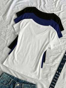 SHEIN EZwear 3件組女款夏季V領修身T恤，龐克次文化動漫純色基礎款V領短袖修身T恤 - 彩色 - 查看 2