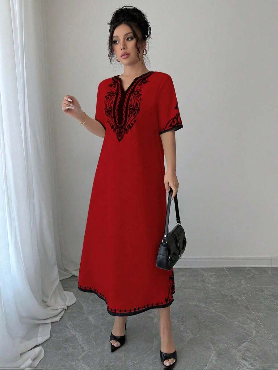 Elenzga Plus Size Women's Notch V-Neck Colorblock Casual Party Dress - Red - View 1