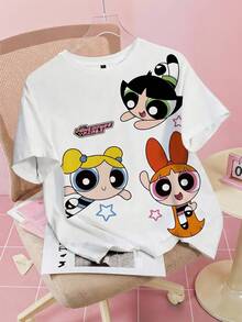THE POWERPUFF GIRLS X SHEIN 女士圆领短袖T恤，全印花 - 白色 - 查看 1