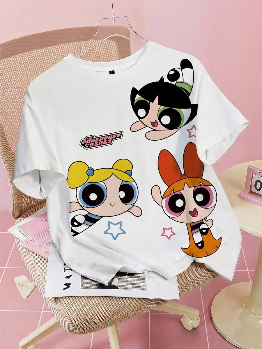 THE POWERPUFF GIRLS X SHEIN 女士圆领短袖T恤，全印花 - 白色 - 查看 1