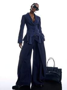 LYSMO 女款長袖條紋修身西裝外套 - 藏蓝色 - 查看 5