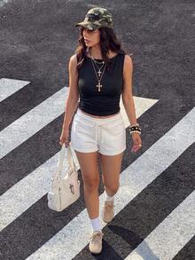 Comfortcana Comfortable Minimalist White Drawstring Fitted Shorts, Chic, Suitable For Outings, Beach Vacations, Festivals, Wedding Parties, Y2K - White - View 4
