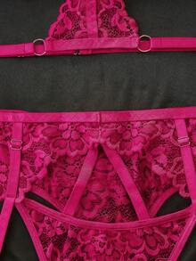 Seduluxe Classic Sexy Lace Lingerie Set 3pcs - Hot Pink - View 4