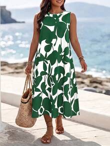 SHEIN LUNE CURVE Plus Size Women Vacation Floral Print Contrast Color Sleeveless Dress, Beach - Dark Green - View 3