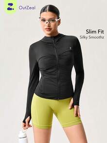 OutZeal Chaqueta protectora solar para mujer, ropa de gimnasio y entrenamiento, refrescante, suave, ajuste ceñido, con cremallera, tops para exteriores - Negro - Ver 1