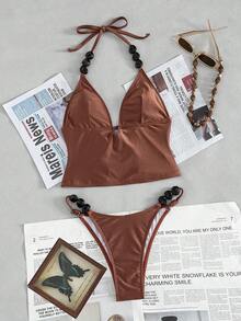 Swim Vcay 女士复古焦糖棕色高端串珠细肩带深V镂空修身性感吊带背心，比基尼泳装，适合海滩度假 - 咖啡棕 - 查看 3