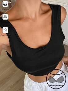 Livesso Wide Strap Backless Padded Short Solid Color Women's Sports Bra - Black - View 2