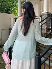 Dazy Plus Solid Color Large Scoop Neck Half-Open Placket Long Sleeve T-Shirt Spring Summer - Mint Green - View 6