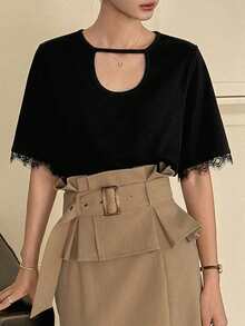 DAZY Women's Summer Round Neck Short Sleeve Lace Patchwork Casual Pullover T-Shirt - Black - View 8