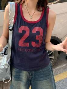 DAZY 女款對比色字母膠帶裝飾修身休閒街頭運動風短袖T恤圖案印花夏季上衣 - 藏蓝色 - 查看 6