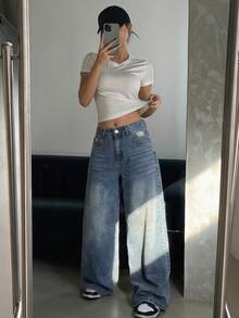 DAZY Women's Casual Basic Everyday Swimming Rhinestone Letter Pattern Washed Wide Leg Jeans With Slant Pockets Back-To-School White Summer - Dark Wash - View 4