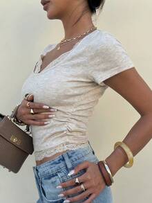 Lavishia Lace Patchwork Pleated Sexy Casual Blouse, Suitable For Summer,Summer Top Everyday Gray - Apricot - View 3