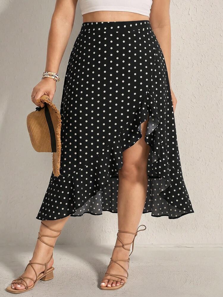 Comfylo Falda de mujer de verano con volantes y dobladillo asimétrico talla grande - Negro - Añade 5