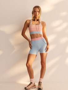 Aralina Leisurewear Active 女款 2 件組馬卡龍色條紋運動套裝 透氣彈性面料 高腰短褲 貼身賽車背短版上衣 適合工作室有氧運動 舒適健身運動表現套裝 上衣與緊身褲 - 彩色 - 查看 11