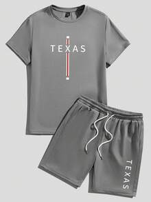 Sorvial Standard Size Men's Simple Slogan Print T-Shirt 2pcs Set, Suitable For Summer, Outdoor - Grey - View 3