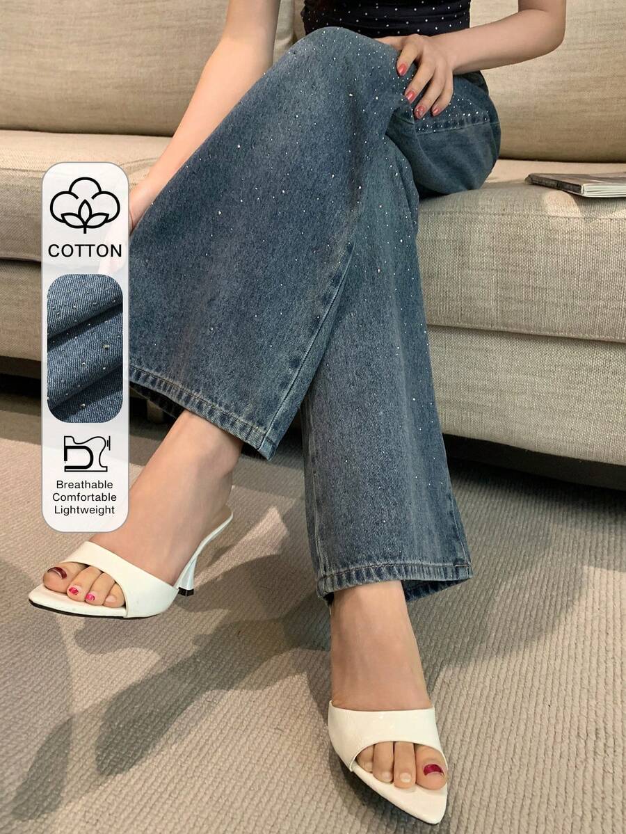 DAZY 女士亮面水钻直筒休闲牛仔裤,适合夏季、春季、秋季穿着,街头及户外休闲皆宜。 - 中等水洗藍 - 查看 1