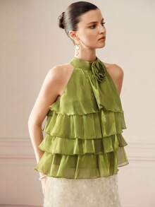 BELROSIE Lily Satin Multi-Layer Ruffle Neckline Handmade 3D Flower Sleeveless Halter Neck Top For Women - Green - View 4