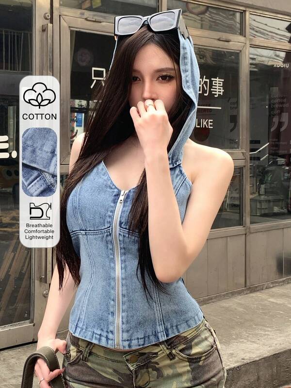 DAZY Áo khoác cardigan nữ kiểu dáng thường ngày, màu xanh nhạt, có mũ trùm đầu, áo vest denim ngắn kiểu đường phố, thích hợp cho mùa xuân hè phong cách Y2K.