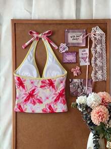 Elavelle Women's Spring/Summer Random Print Spaghetti Strap Bow Bikini Top - Multicolor - View 3