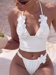 Swim Chiccia Women's Fashion Beachwear, Deep V-Neckline Slimming Tummy Control Design, 3D Floral Accessory Decoration, Halter Neck Sweet Girly Style, Daily Party, Casual Vacation Fresh Two Pieces Swimsuit Set - White - View 3