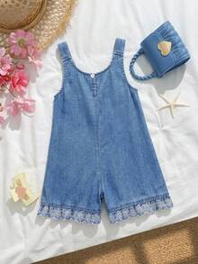 SHEIN Jumpsuit Overall Denim Biru Longgar dengan Bordir Bunga Lembut dan Hem Berumbai untuk Musim Panas Anak Perempuan, Cocok untuk Pakaian Kembali ke Sekolah Anak Perempuan - Light Wash - View 3