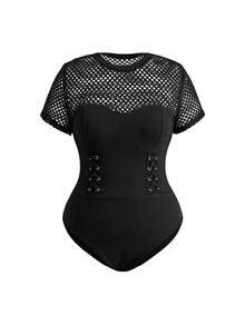 ROMWE Grunge Punk Dark Punk Sexy Mesh Sheer Bodysuit With Waist Cinching And Crotch Opening, Versatile - Black - View 2