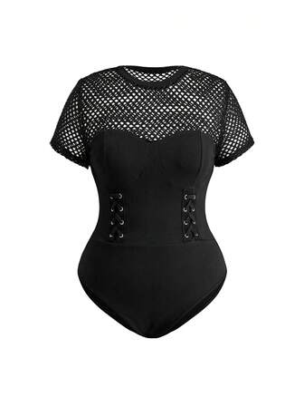 Grunge Punk Body sexy transparent en maille style punk foncé avec ceinturage à la taille et ouverture entre les jambes, polyvalent