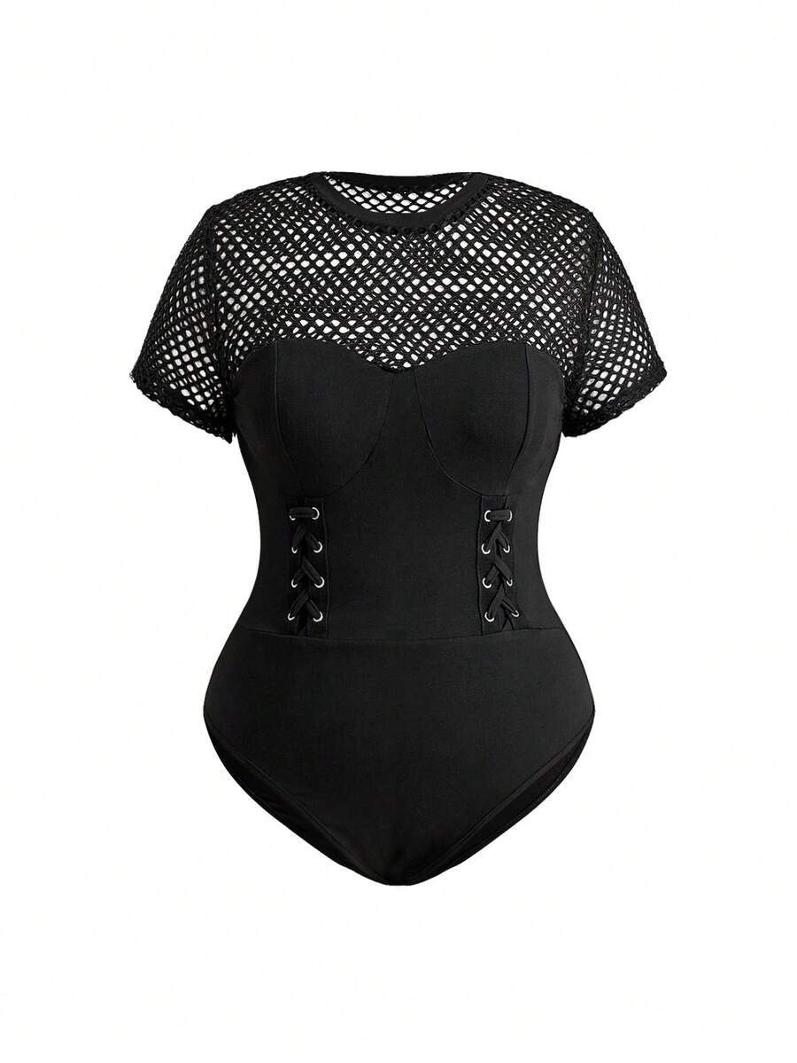 ROMWE Grunge Punk Dark Punk Sexy Mesh Sheer Bodysuit With Waist Cinching And Crotch Opening, Versatile - Black - View 1