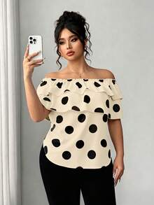 Elenzga Plus Size Women's Classic Polka Dot Print Layered Ruffle Off-Shoulder Blouse - Apricot - View 5