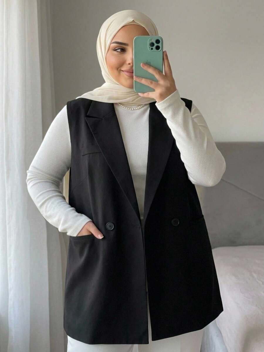 Dazy Plus Chaqueta de traje versátil con cuello de solapa de unicolor - Negro - Ver 1