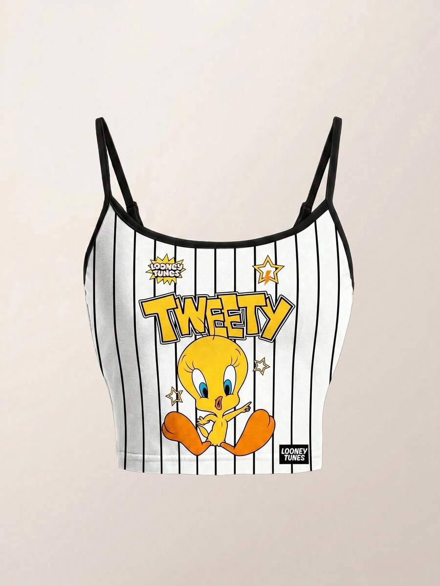LOONEY TUNES X SHEIN Women's Casual Striped Cartoon Pattern Cropped Camisole Top, Summer - White - View 1