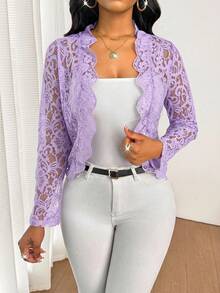 SHEIN Lady 淺紫色女款蕾絲長袖開襟優雅外套 - 淡紫色 - 查看 4
