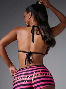 BABYPHAT Plus Size Striped Triangle Bikini Top With Halter Neck Tie Back And Graphic Print For Summer Beach Vacation - Multicolor - View 5