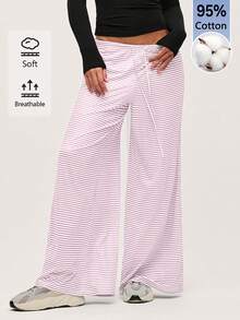 SHEIN BASICS 女款抽繩腰條紋寬腿鬆身長褲休閒居家褲 粉色與白色條紋秋季 - 粉色 - 查看 6