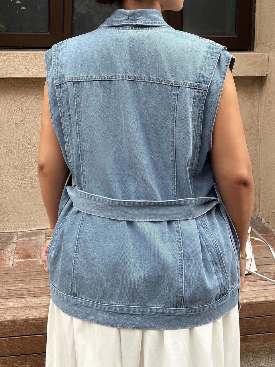 Dazy Plus Washed Blue Lapel Sleeveless Cinched Waist Waist Casual Plus Size Women's Denim Jacket And Coat, Spring/Summer Resort Style