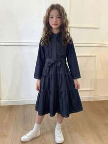Dazy Kids 少女鈕扣腰部打結休閒日常牛仔洋裝 - 深色水洗藍 - 查看 1