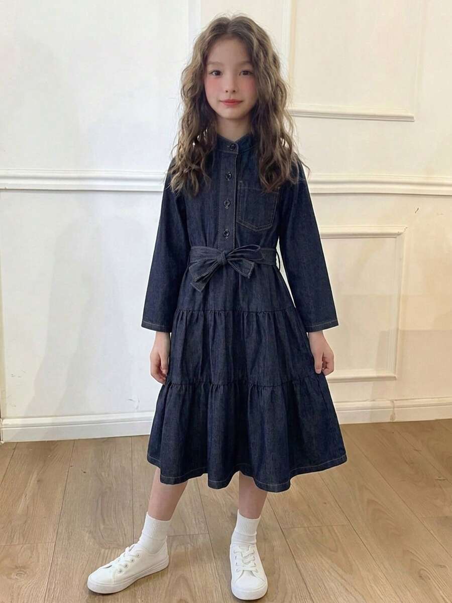 Dazy Kids 少女鈕扣腰部打結休閒日常牛仔洋裝 - 深色水洗藍 - 查看 1