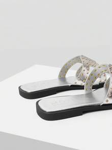 MOTF SANDALIAS PLANAS DE MODA DE VERANO PARA MUJER, CASUALES DE CALLE Y DESPLAZAMIENTO, CON DECORACIÓN DE REMACHES Y PUNTA ABIERTA, ZAPATOS DE PRIMAVERA - Plateado - Ver 7