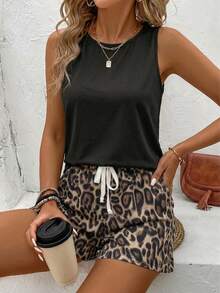 EMERY ROSE Vacation Style Casual Minimalist Black Solid Color Plus Size Women's Round Neck Tank Top And Brown Leopard Print Shorts 2pcs Set Suitable For Summer - Black - View 5