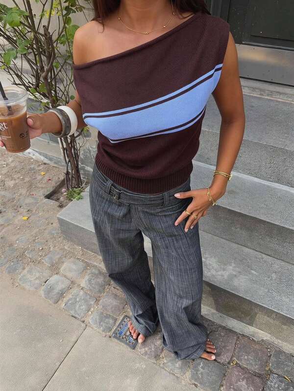 Siren Gaze Spring/Summer New Style Canele Striped One-Shoulder Knit Top For Women Everyday Brown Striped 90s Inspired