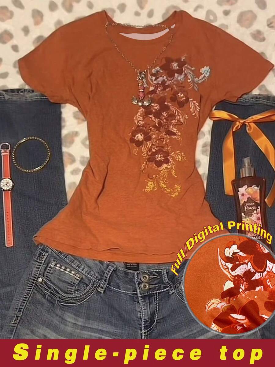 INAWLY Women's Bestselling Printed Pattern Top, Short Sleeve - Orange - View 1