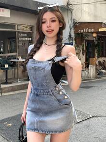 DAZY 春夏復古水洗藍音樂節情人節休閒街頭戶外短褲辣妹女款牛仔吊帶褲 - 藍色 - 查看 9