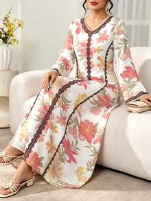 SHEIN Najma 紅色大碎花假蕾絲飾邊女款時尚V領長袖碎花洋裝，白色優雅長裙配花卉圖案，舒適女裝適合春夏季 - 彩色 - 查看 4