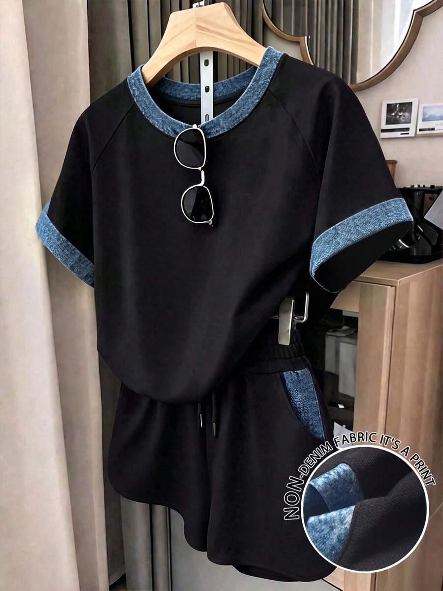 Resyla 女士休闲时尚日常通勤百搭牛仔印花饰边短袖T恤短裤套装,夏季 - 彩色 - 查看 1