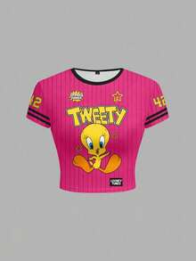 LOONEY TUNES X SHEIN 女士短袖修身T恤 - 白色 - 查看 5